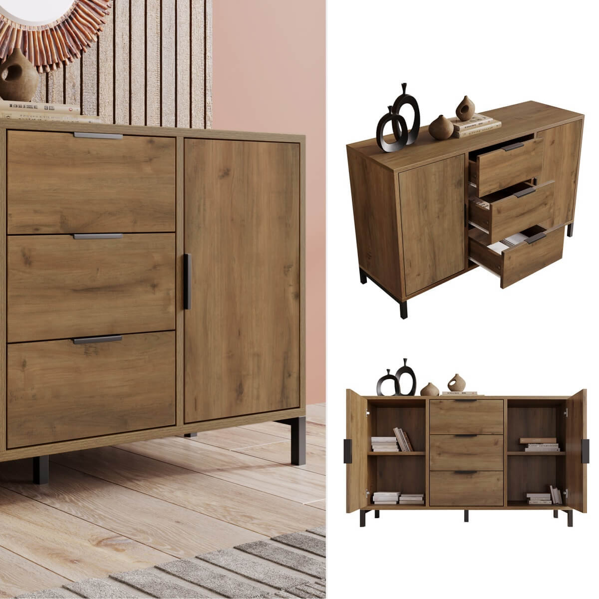 Sideboard Cabinet with 2 Doors and 3 Drawers - Storage Unit with Adjustable Shelf