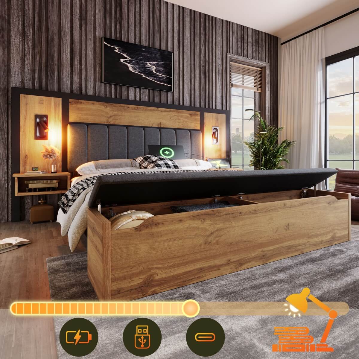 5ft King Upholstered Bed with Reading Lamp and USB-C Charging - Linen Bed Frame with Nightstand and Storage Bench, Oak