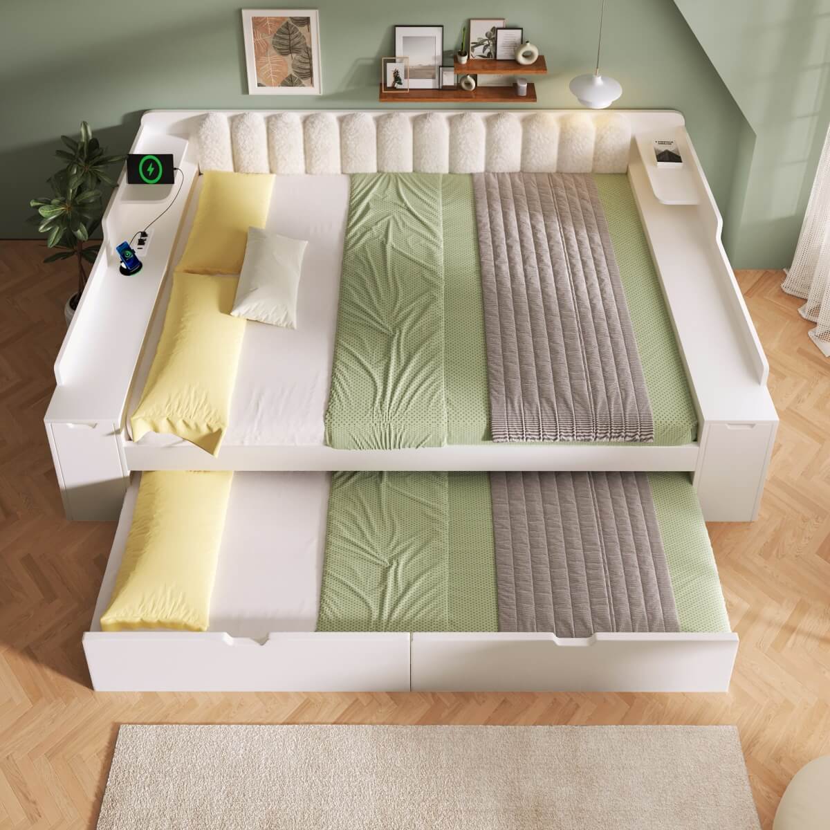 4ft6 Double Wooden Daybed with Pull-Out Trundle - Sofa Bed with Storage Cabinet, USB and Type-C Charging Station, White