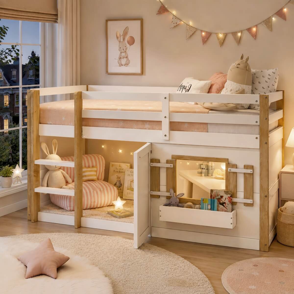 3ft Single Kids Loft Bed with Ladder - Multifunctional Wooden Bed Frame with Under-Bed Play Area, White