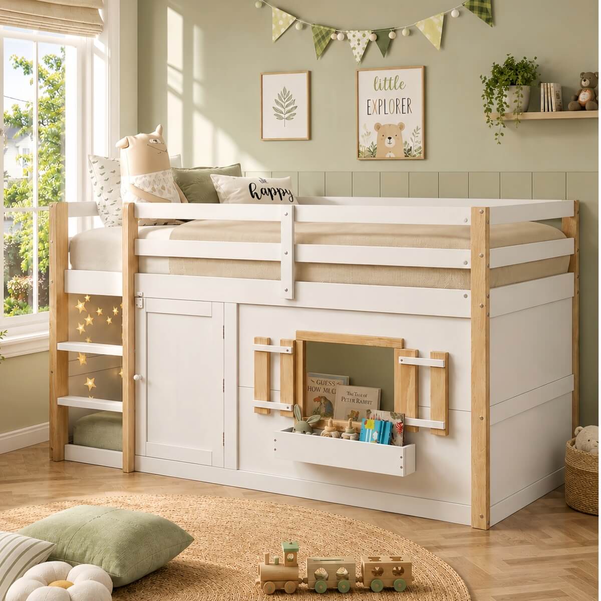 3ft Single Kids Loft Bed with Ladder - Multifunctional Wooden Bed Frame with Under-Bed Play Area, White