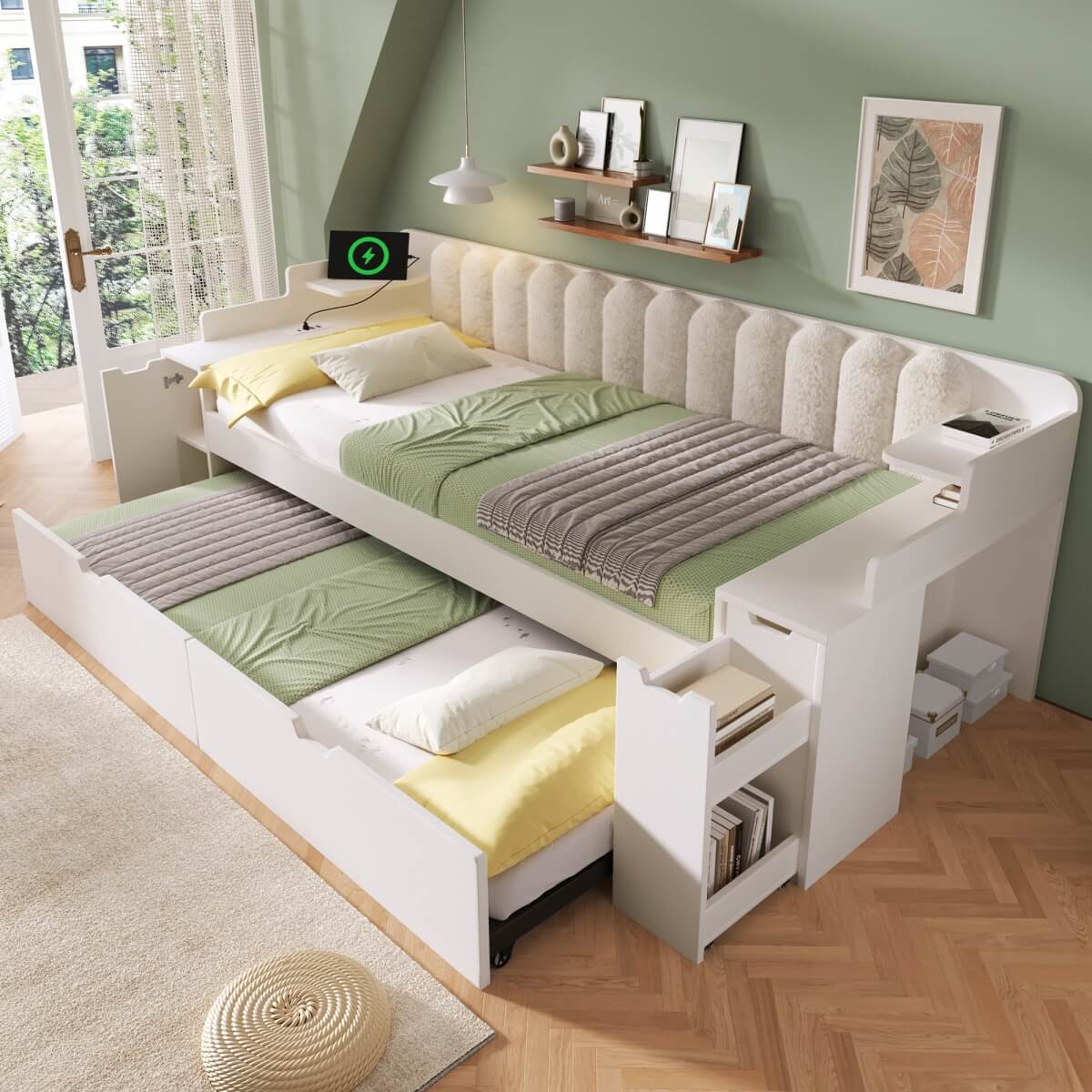 3ft Single Wooden Daybed with Pull-Out Trundle - Sofa Bed with Storage Cabinet and USB and Type-C Charging Station, White