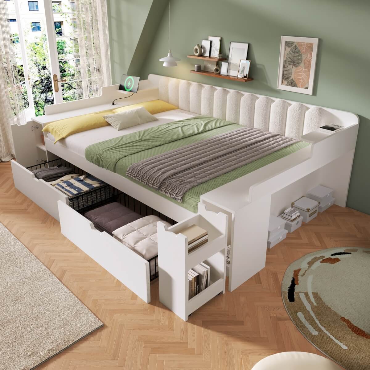4ft6 Double Wooden Daybed with Side Storage Cabinet - Multifunctional Sofa Bed with USB and Type-C Charging Station, White