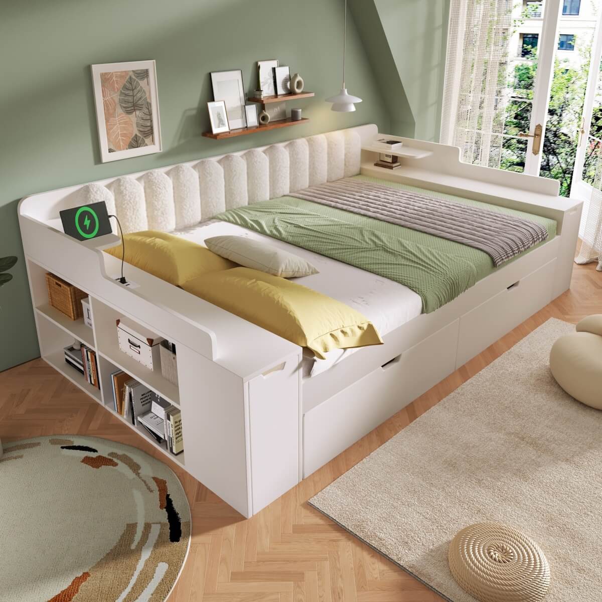 4ft6 Double Wooden Daybed with Side Storage Cabinet - Multifunctional Sofa Bed with USB and Type-C Charging Station, White