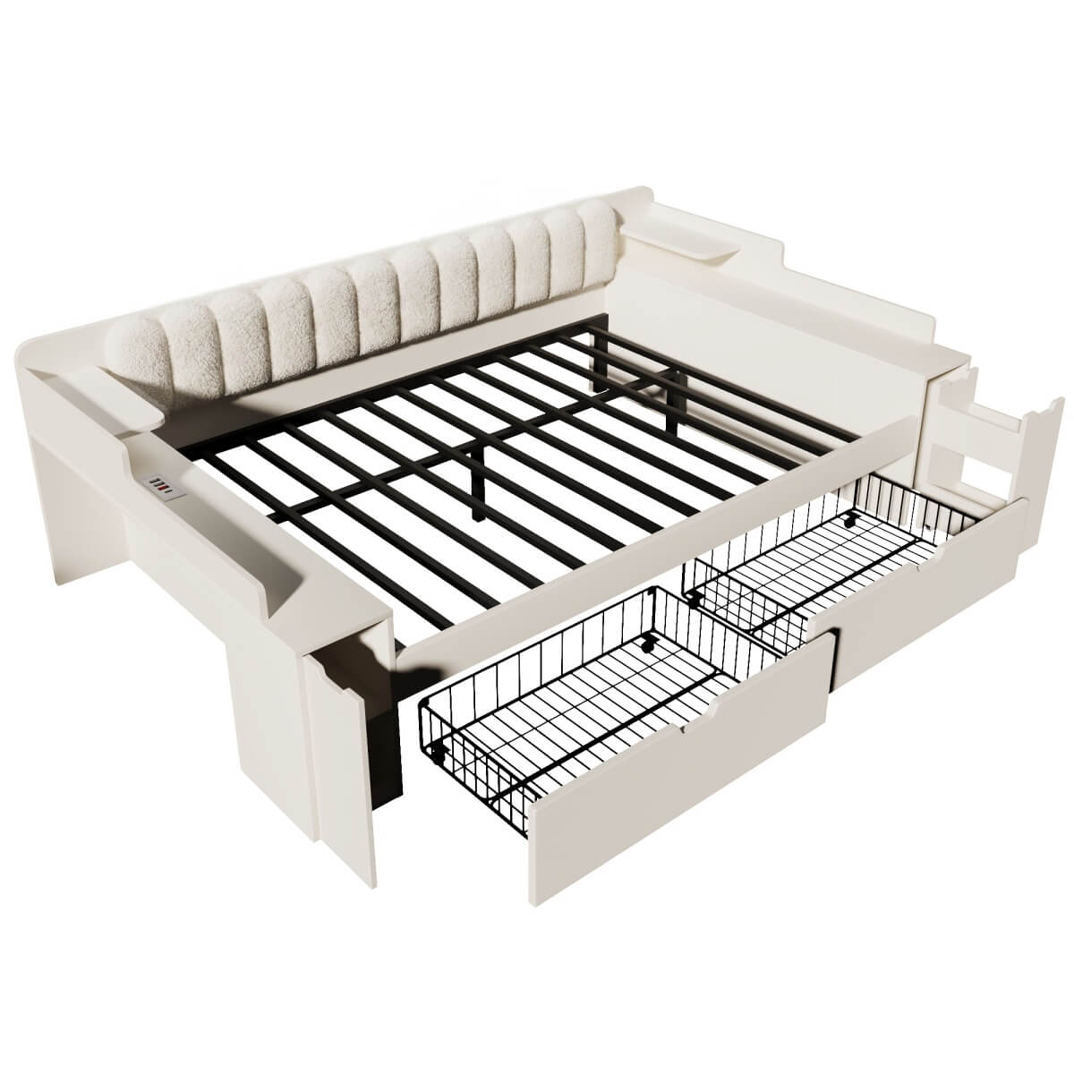 4ft6 Double Wooden Daybed with Side Storage Cabinet - Multifunctional Sofa Bed with USB and Type-C Charging Station, White