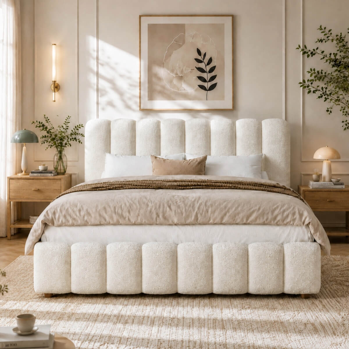6ft Super King Upholstered Bed with Hydraulic Storage - White Bouclé Bed Frame with Padded Headboard & Slatted Base