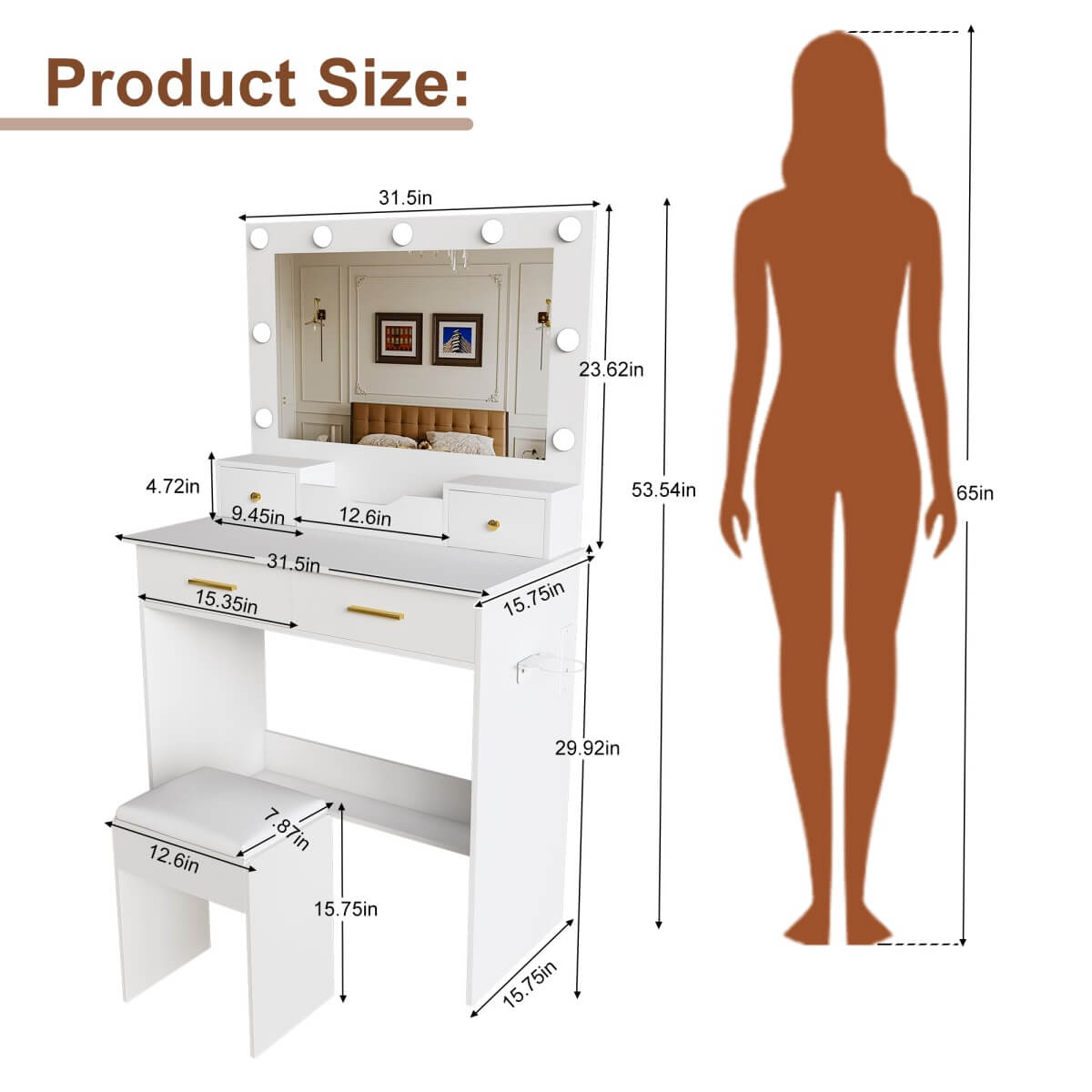 Makeup Vanity Desk with Mirror - 9 Hollywood Lights, 4 Drawers, Open Storage, Power Socket, Hair Dryer Holder & Stool, White