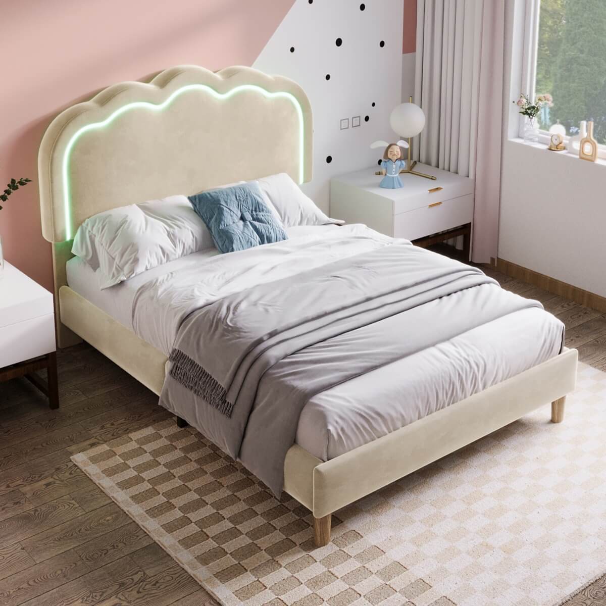 3ft Single Kids Bed with LED - Upholstered Velvet Bed Frame, Adjustable Headboard & Slatted Base, Beige