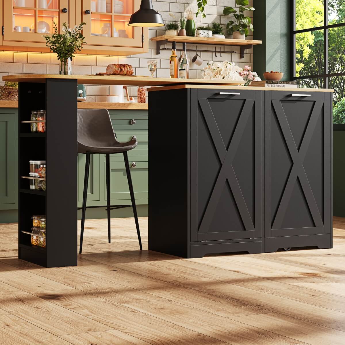 360° Rotating Kitchen Island Cabinet — Swivel Storage Sideboard with Shelves, Black