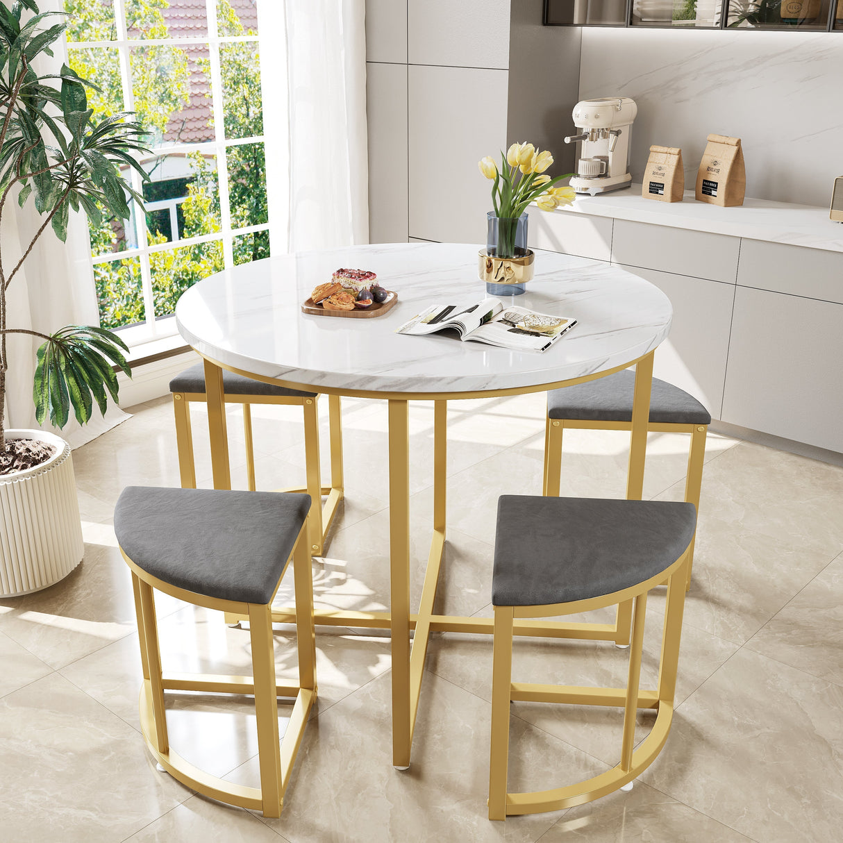 Modern Metal Frame Round Marble Dining Table and Chair Set (5 Pieces) with 4 Semi-Circular Stools