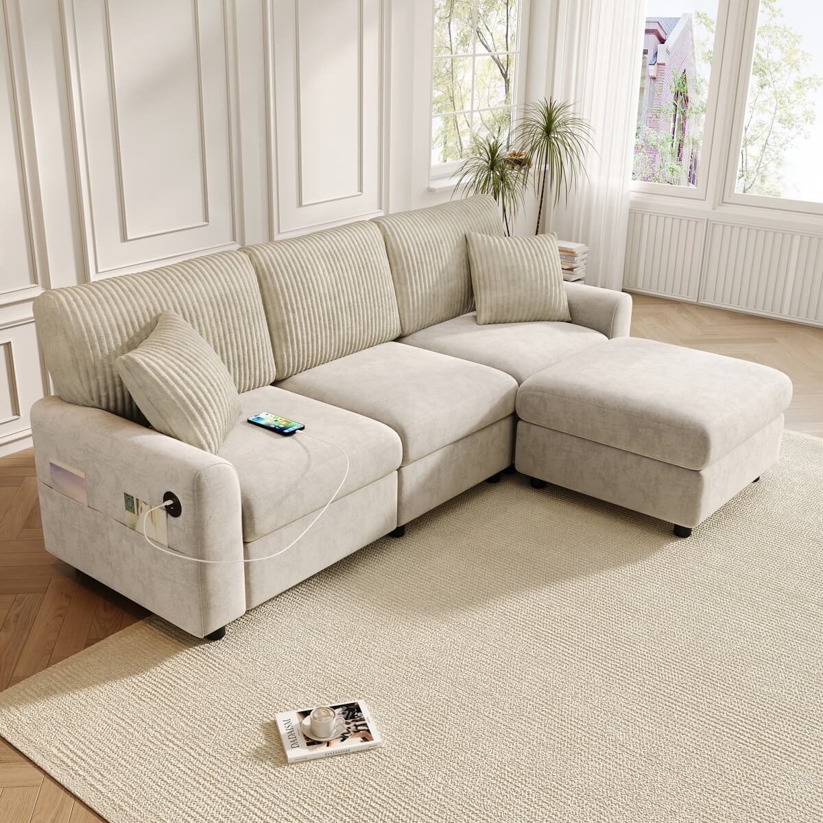 3-4 Seater Modern Sofa with Footstool - USB and Type-C Charging, Beige