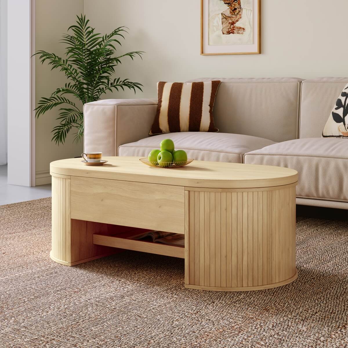 Lift-Top Coffee Table with Curved Wood Design - Extendable Storage Centre Table for Living Room