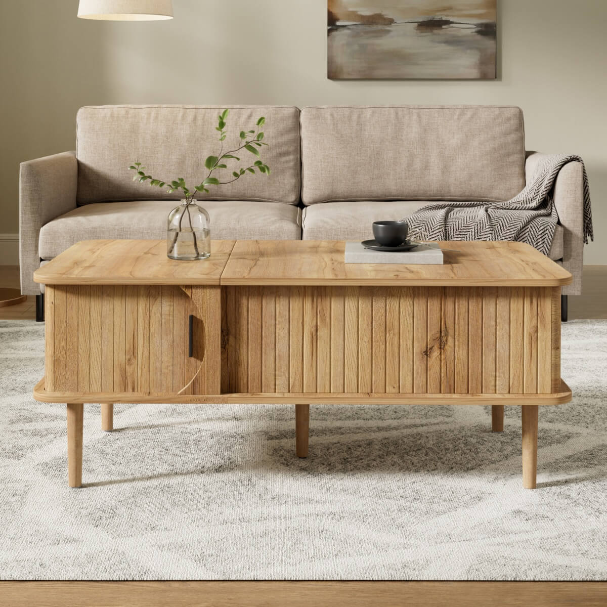 Retro Lift Top Coffee Table with Sliding Door - Wood Effect Finish, Vertical Slat Design and Wooden Legs, Natural