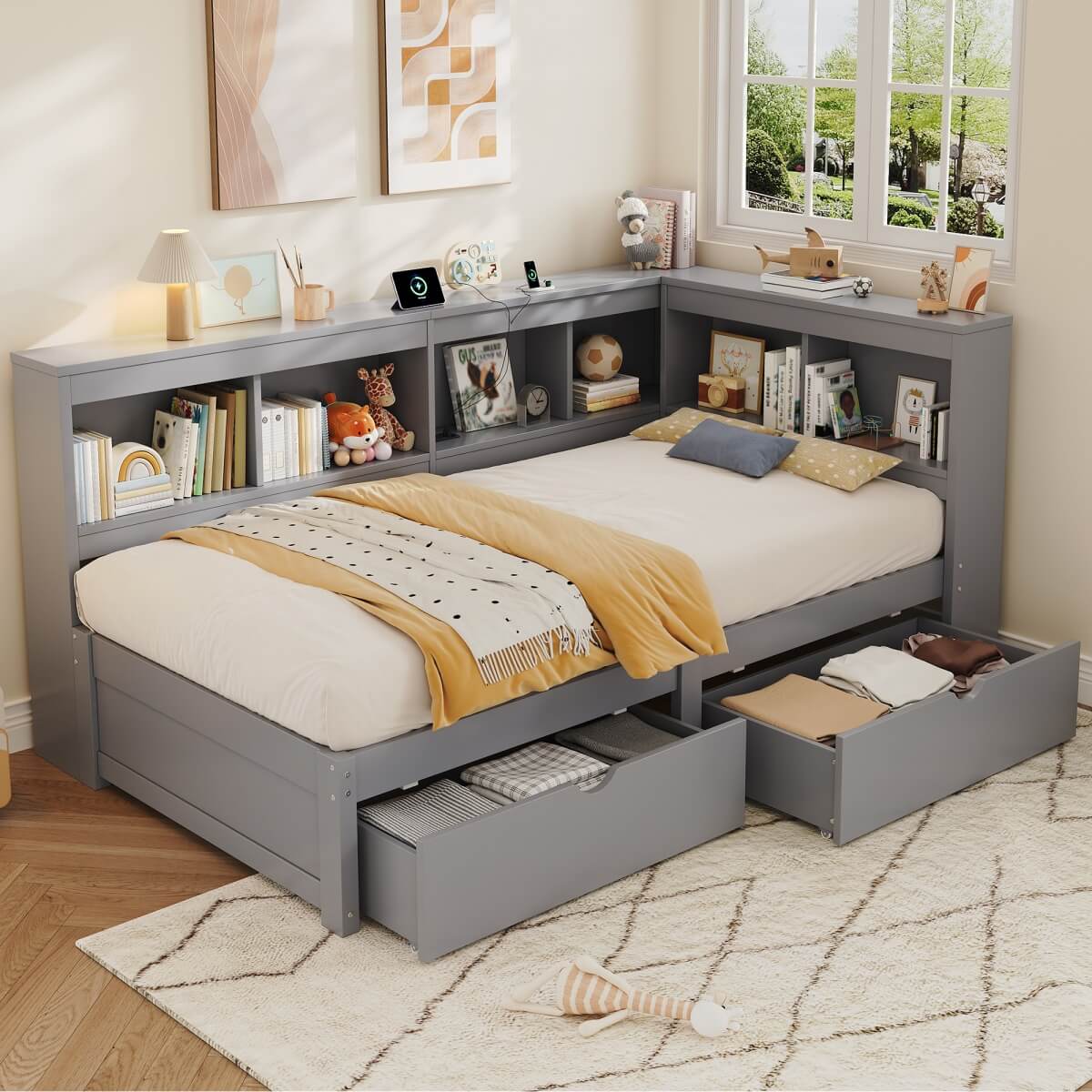 3ft Single L-Shape Daybed with 2 Storage Drawers & Bookcase - Modern Wooden Bed Frame with Charging Station, Grey