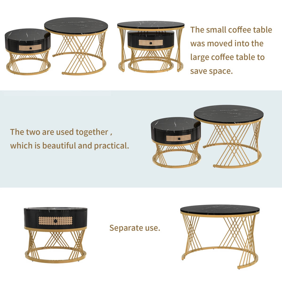 2 in 1 Round Coffee Table Set - Marble Effect Top, Rattan Drawers, Gold Metal Legs