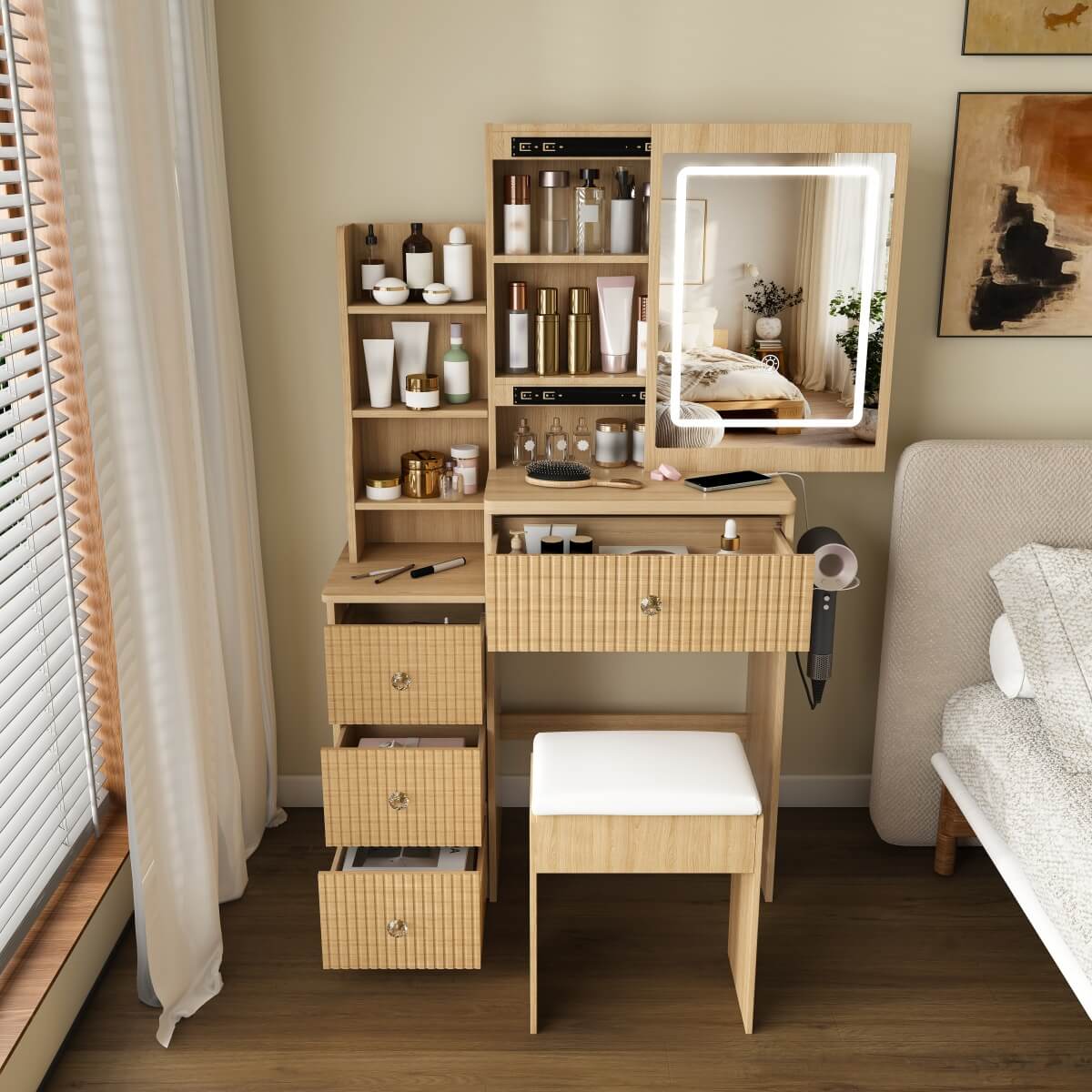 Modern Makeup Vanity Desk - 3-Mode Adjustable LED Lights, 4 Drawers, Open Storage Shelves, Hair Dryer Holder, Power Socket & Dressing Stool, Natural