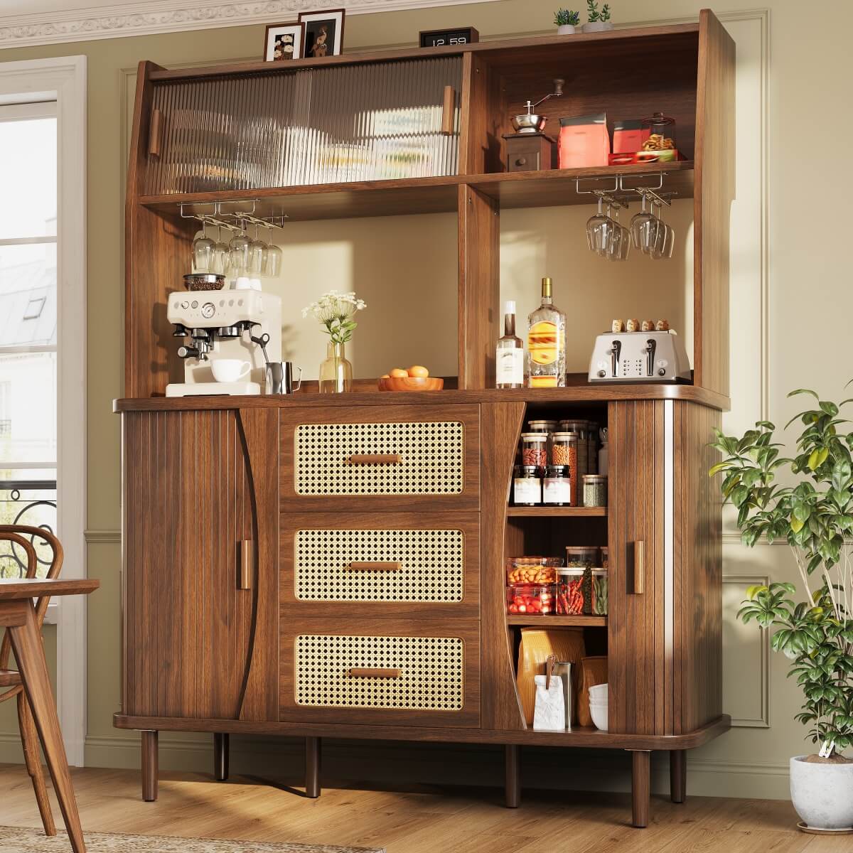 174.5cm Rattan Sideboard - Kitchen Storage Cabinet with Glass Sliding Doors, Natural Oak & Walnut Effect