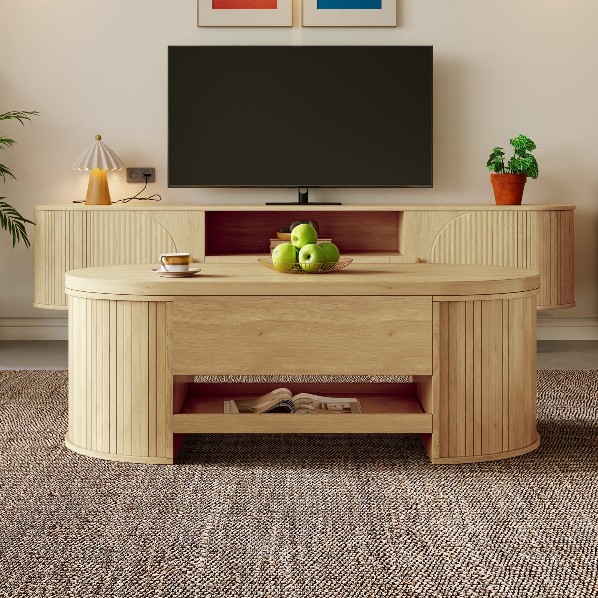 Lift-Top Coffee Table with Curved Wood Design - Extendable Storage Centre Table for Living Room