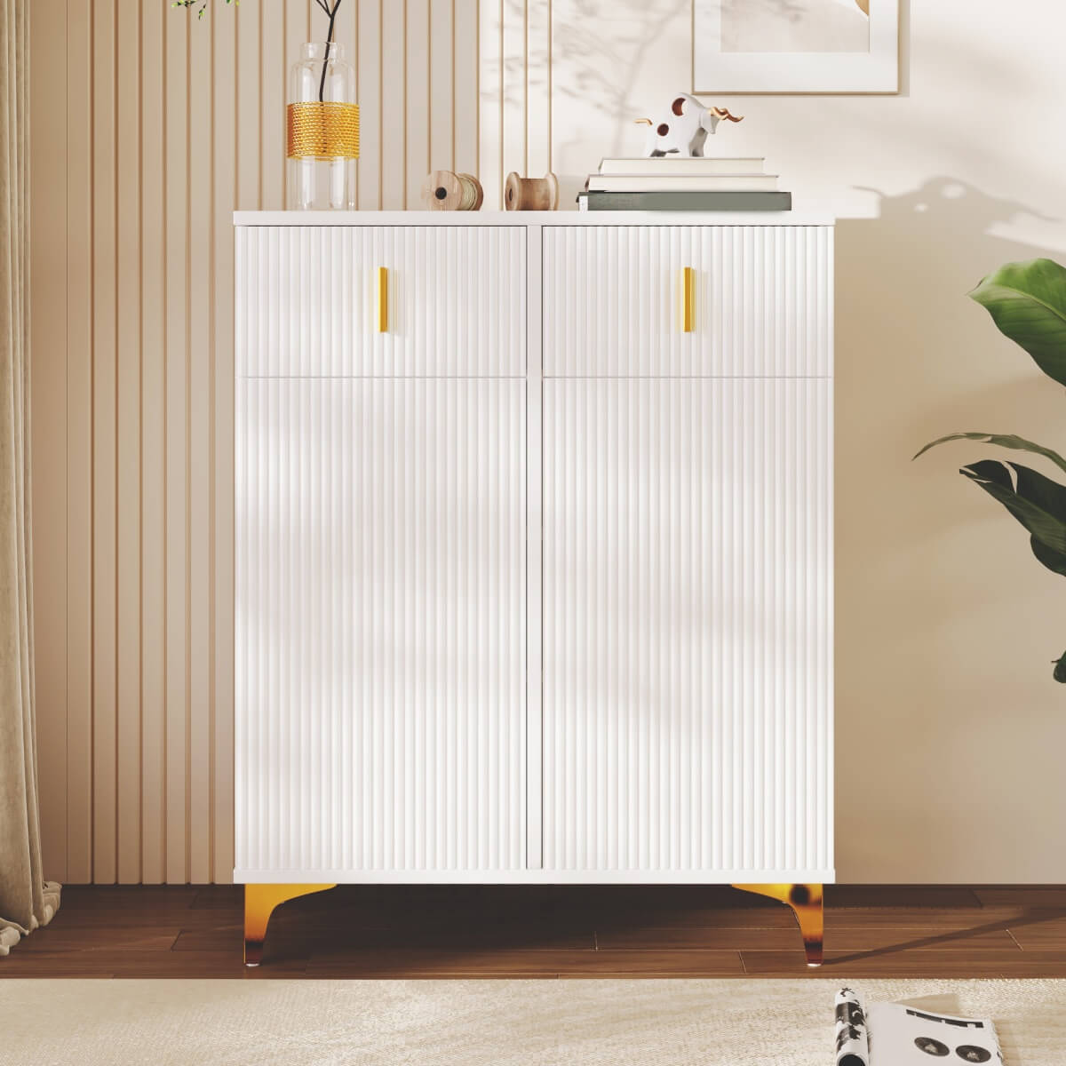 Modern Sideboard Cabinet and Shoe Storage Unit with Drawers - Adjustable Shelves, Decorative Panels and Gold Effect Accents