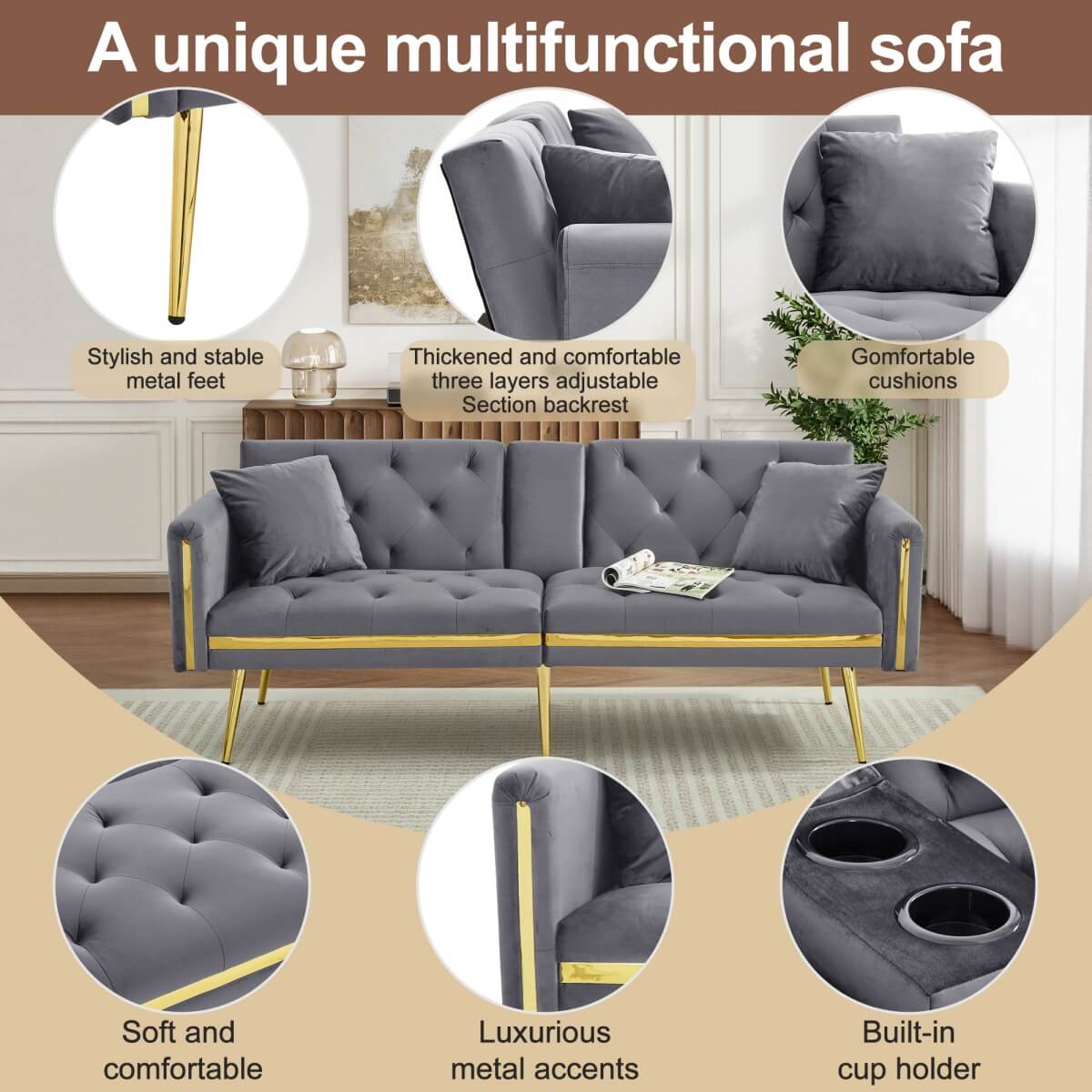 2 Seater Sofa Bed - Adjustable Backrest, Cup Holders, Convertible, Gold Accents
