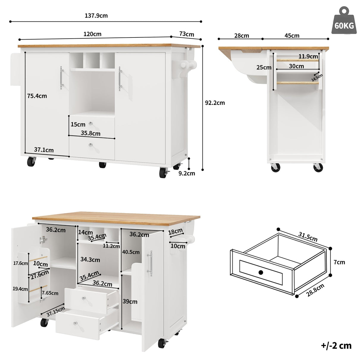Kitchen cart, buffet cabinet, kitchen trolley with folding worktop, Kitchen island with towel rack and spice rack, wine rack and adjustable shelves, white