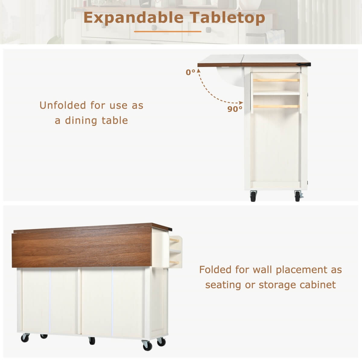 Farmhouse Kitchen Island Trolley - Rolling Storage Cabinet with Drawers, Adjustable Shelf & Spice Rack, White