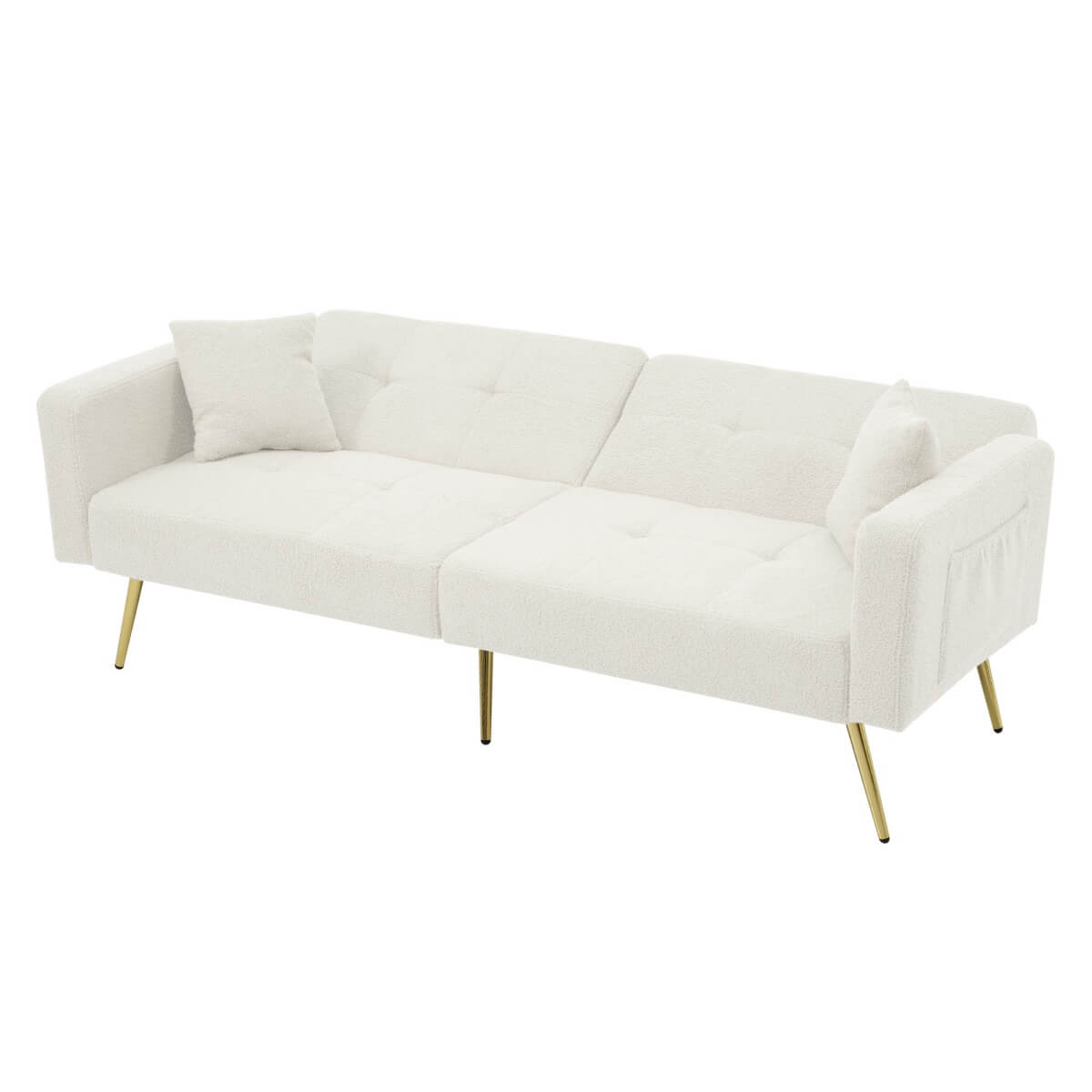 Convertible Sofa Bed - Adjustable Recliner Sofa with Gold Legs and Side Storage Pockets, White