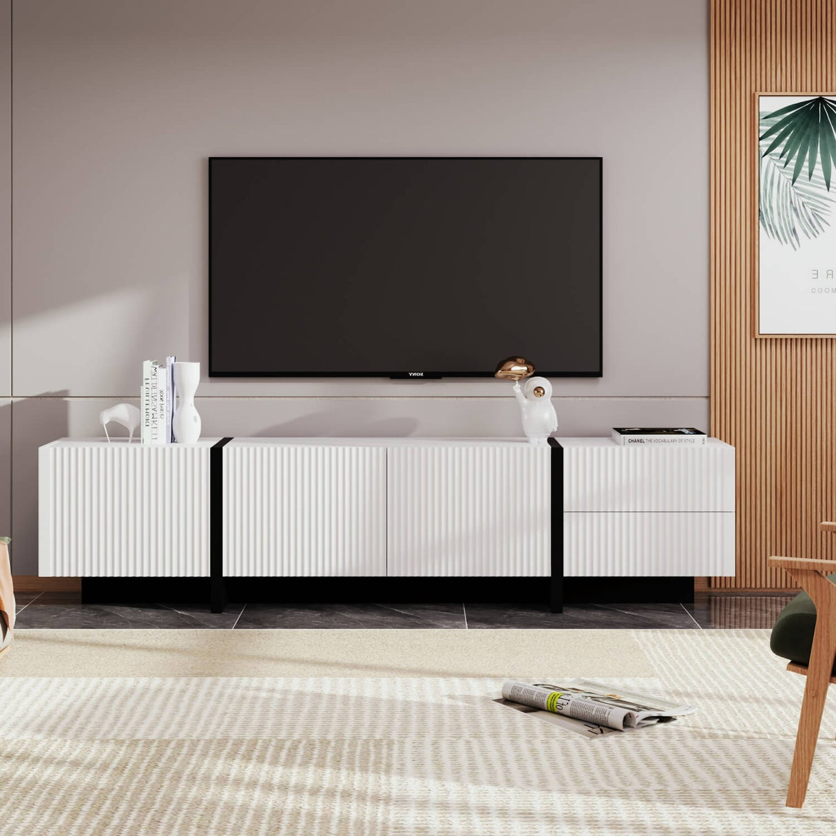 Modern Black and White TV Unit – 190cm TV Stand with 3 Doors and 2 Drawers