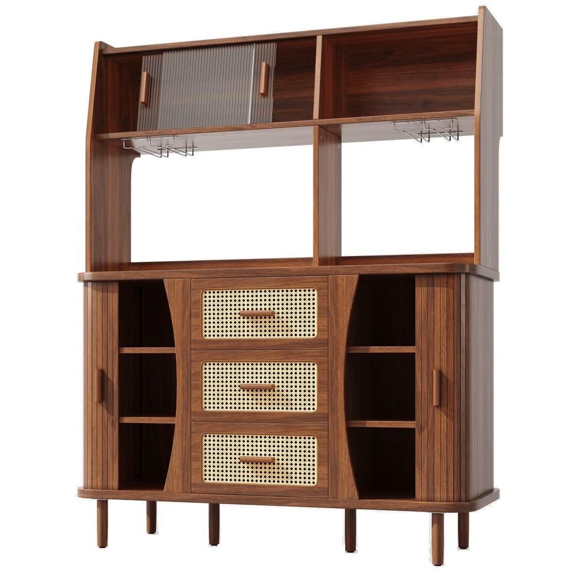 174.5cm Rattan Sideboard - Kitchen Storage Cabinet with Glass Sliding Doors, Natural Oak & Walnut Effect