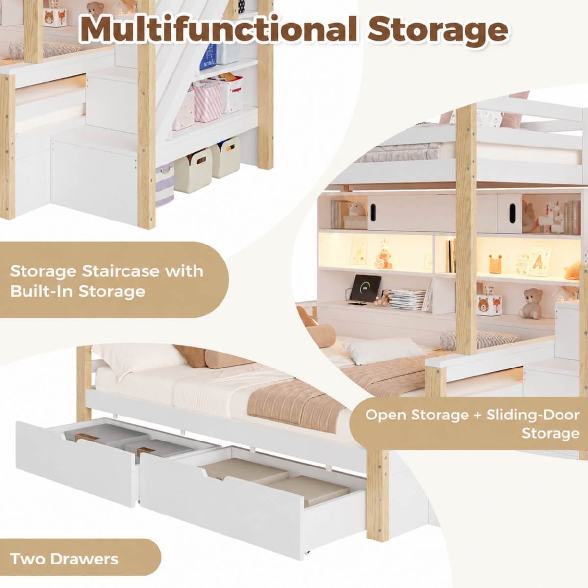 3ft Single Bunk Bed with Storage Staircase - Kids Bunk Bed Frame with Drawers, Shelves, LED Lights and Charging Station, White and Natural