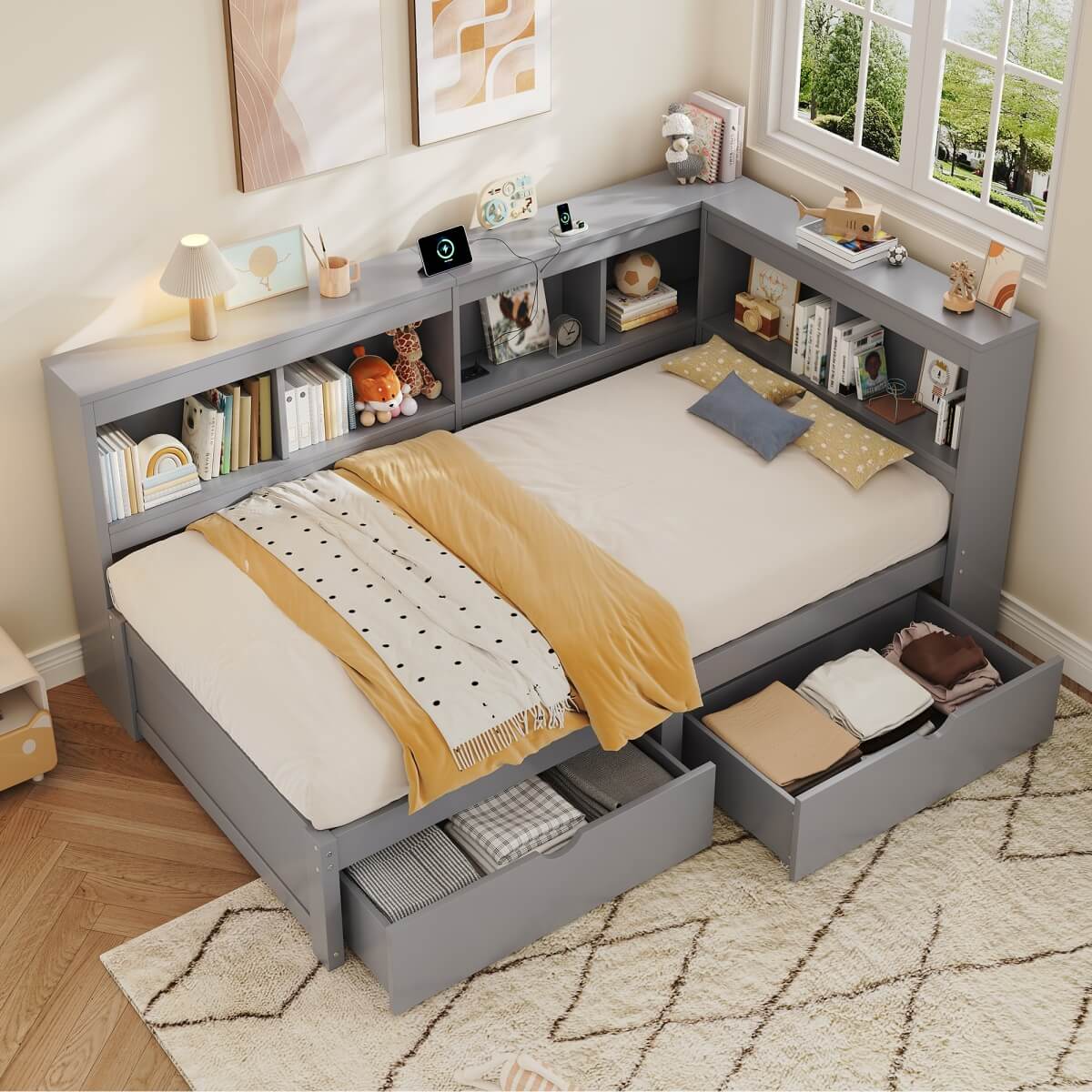 3ft Single L-Shape Daybed with 2 Storage Drawers & Bookcase - Modern Wooden Bed Frame with Charging Station, Grey