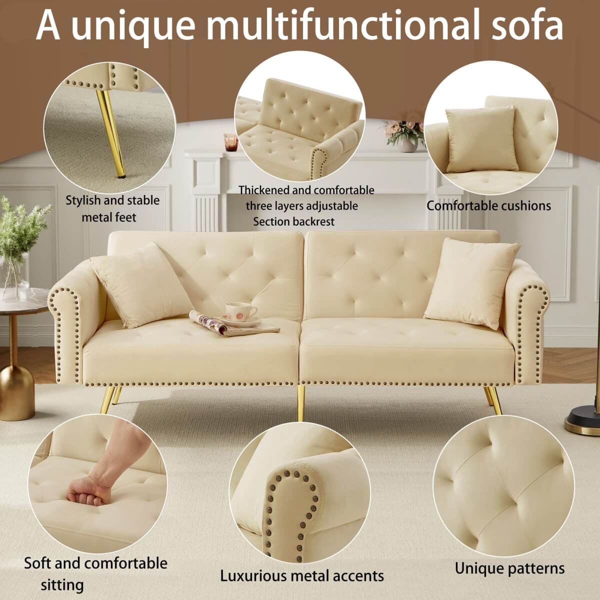 2-Seater Modern Sofa Bed – Velvet Upholstery with 3-Stage Adjustable Backrest and Gold Metal Feet, Space-Saving Convertible Sofa for Small Spaces