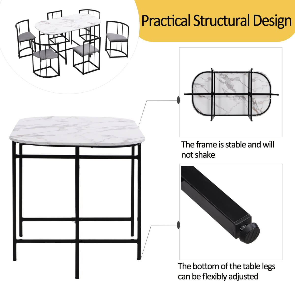 6 Seater Dining Table Set – White Table with Grey Cushioned Chairs, Black Metal Frame, Modern Dining Room Set