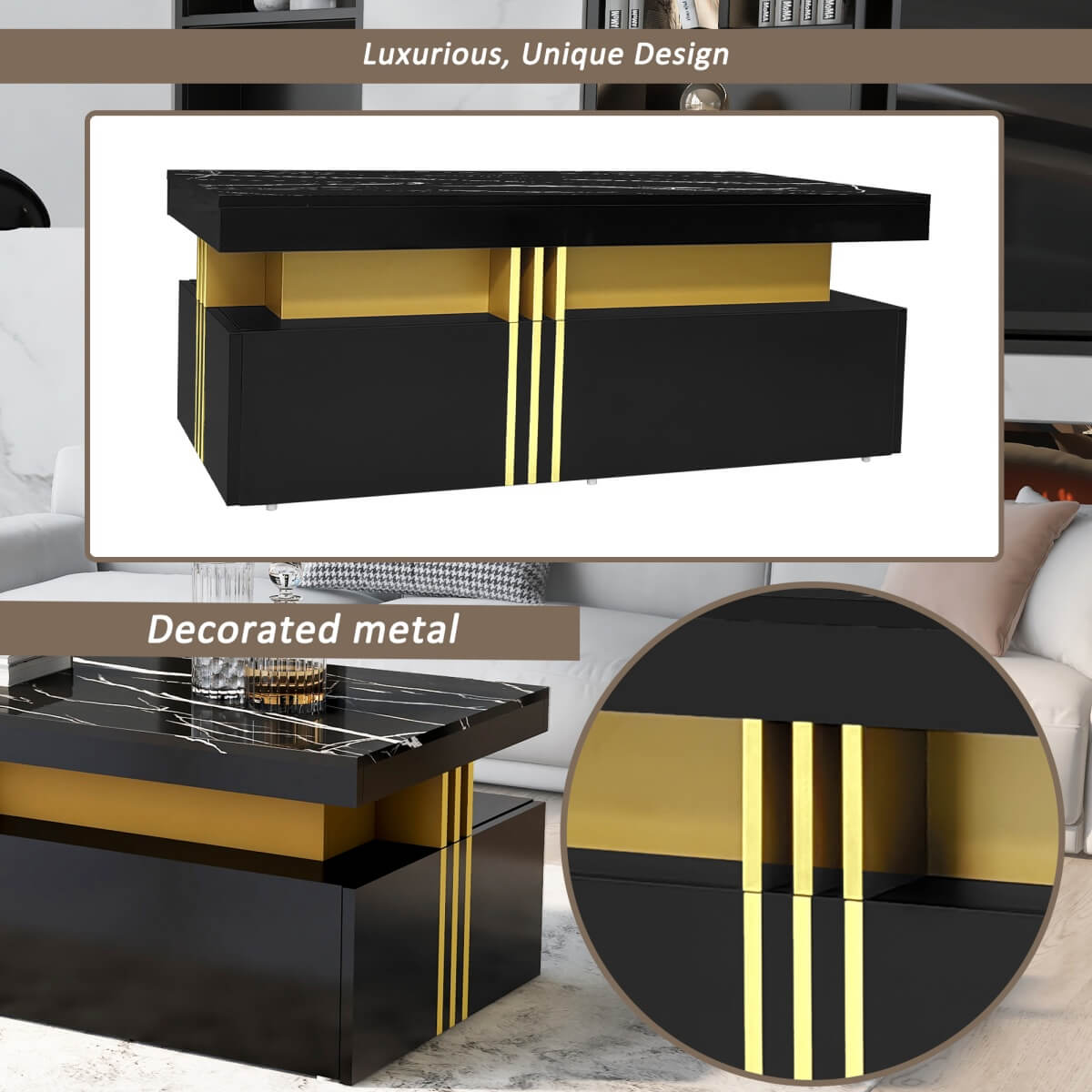 Black Rectangular Coffee Table - Marble Effect Top, 2 Wooden Drawers, 100x50x40cm