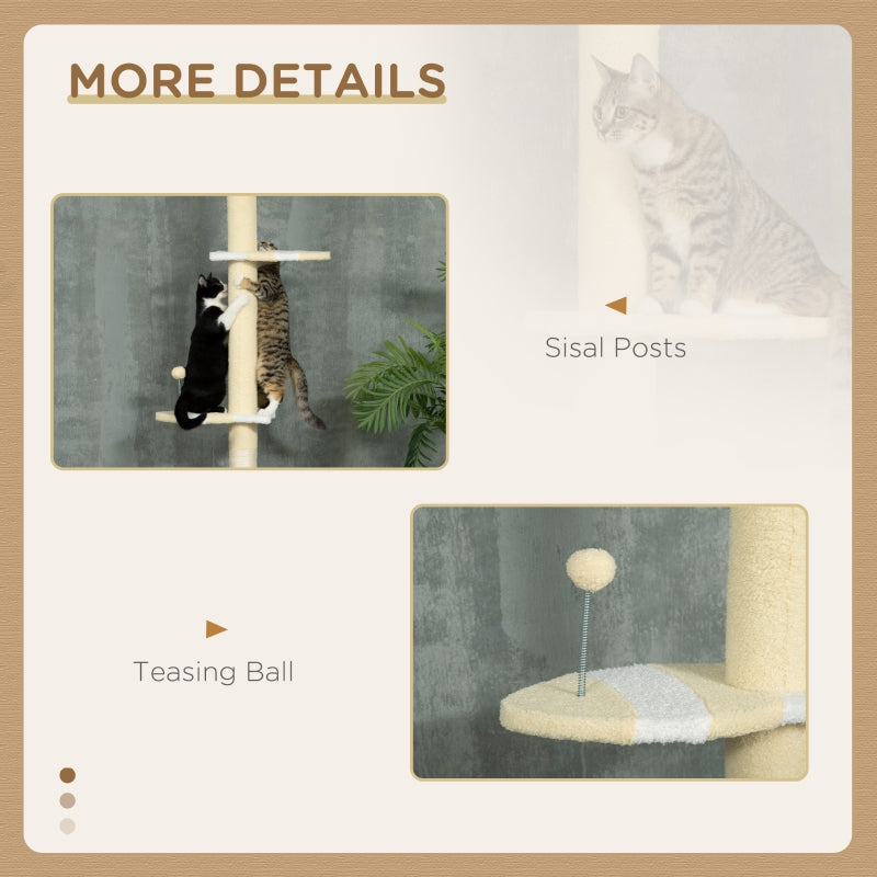 Cat Tree, 260cm Adjustable Floor-To-Ceiling w/ Anti-Tipping Kit, Toy Ball