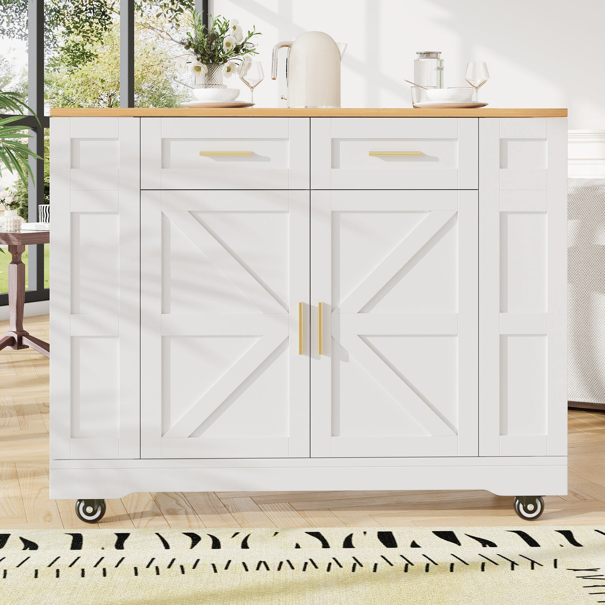 Kitchen Island on Wheels, Rolling Cart with Drawers & Storage, Foldable Worktop, White