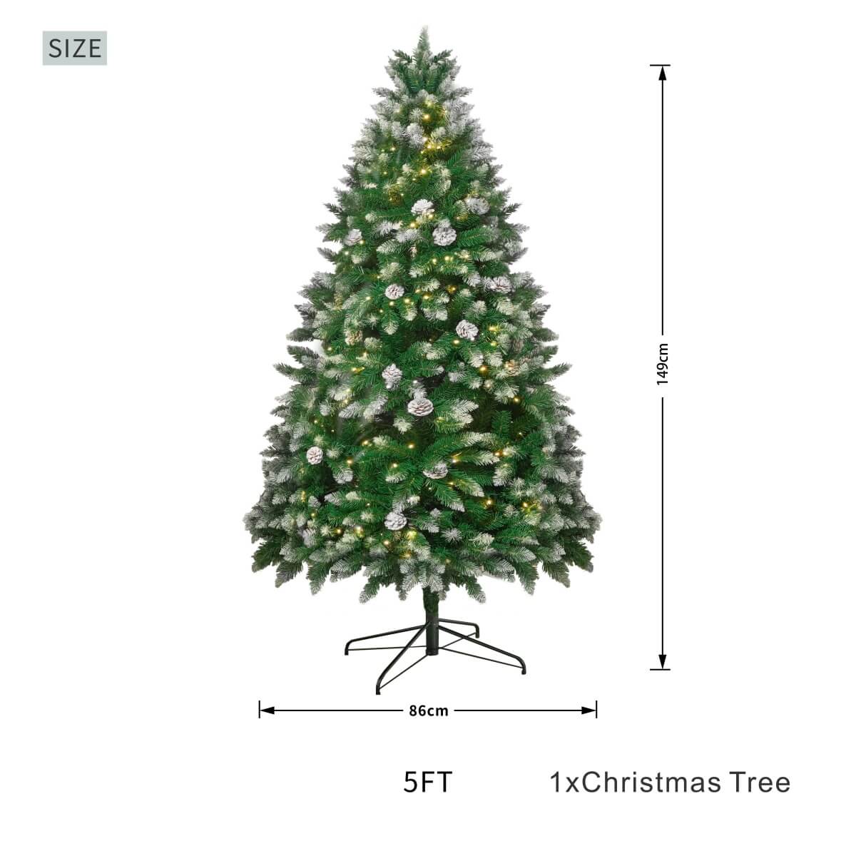 Snow Flocked Artificial Christmas Tree with Pine Cones - Pre-Lit or Unlit PVC Xmas Tree, Warm White LEDs, 5ft 6ft 7ft