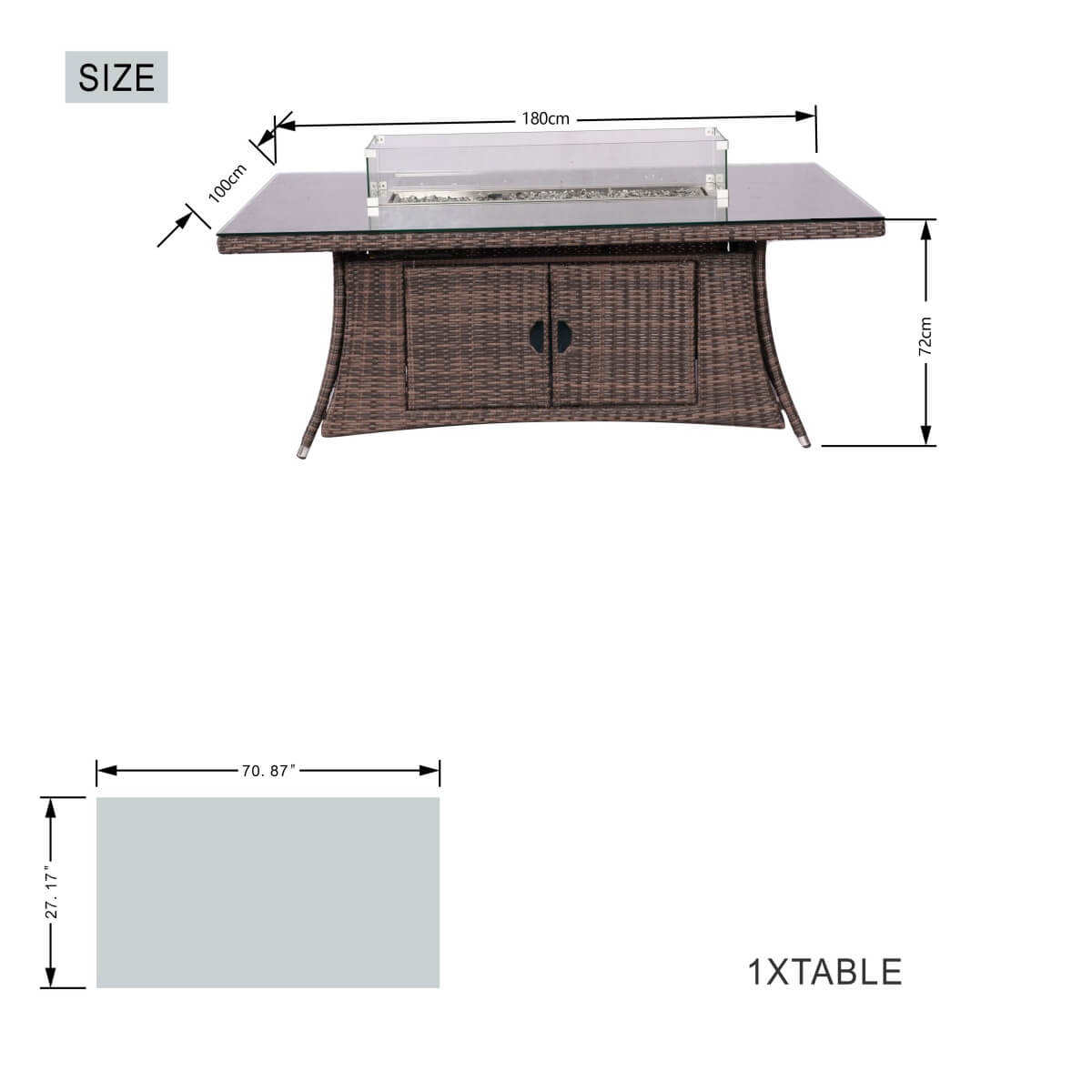6 Seater Rattan Fire Pit Dining Table - Rectangular Outdoor Table with Glass Top