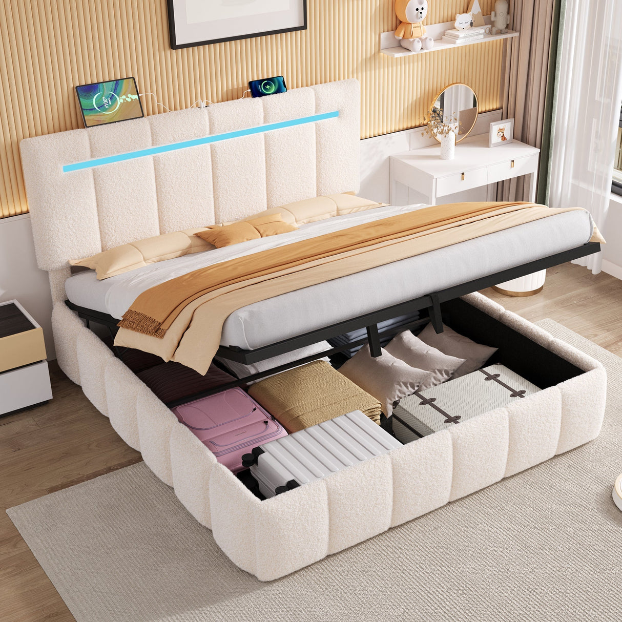 5ft King Upholstered Bed Frame with Hydraulic Storage, LED Adjustable Headboard, Boucle Fabric Beige