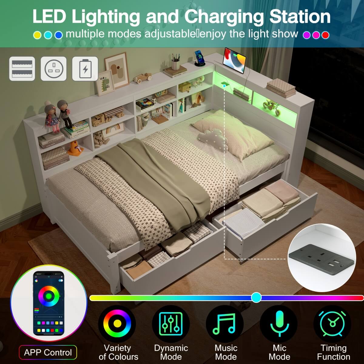 3ft Single Wooden Daybed with Storage Drawers - LED Bed Frame with Bedside Storage and Charging Station, White