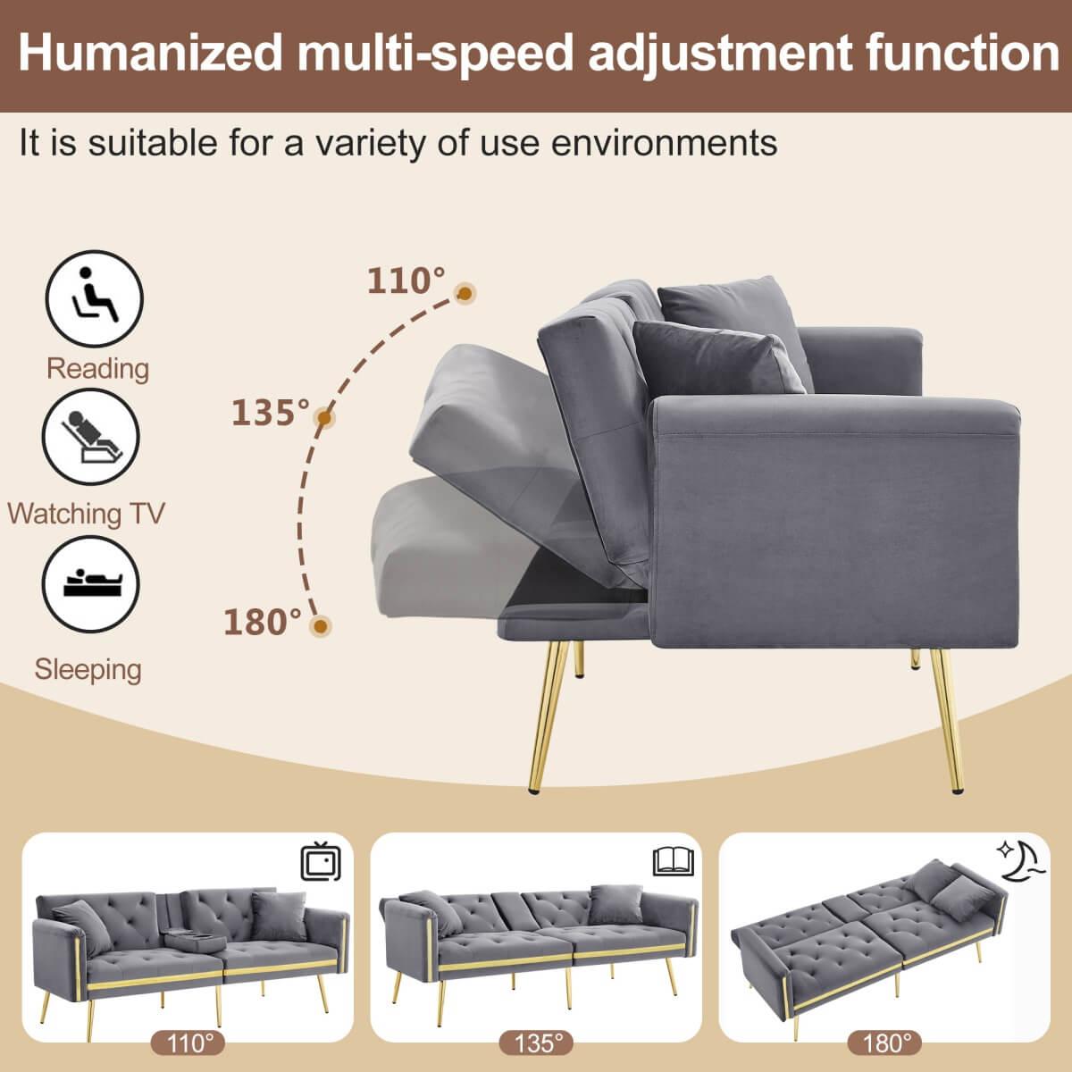 2 Seater Sofa Bed - Adjustable Backrest, Cup Holders, Convertible, Gold Accents