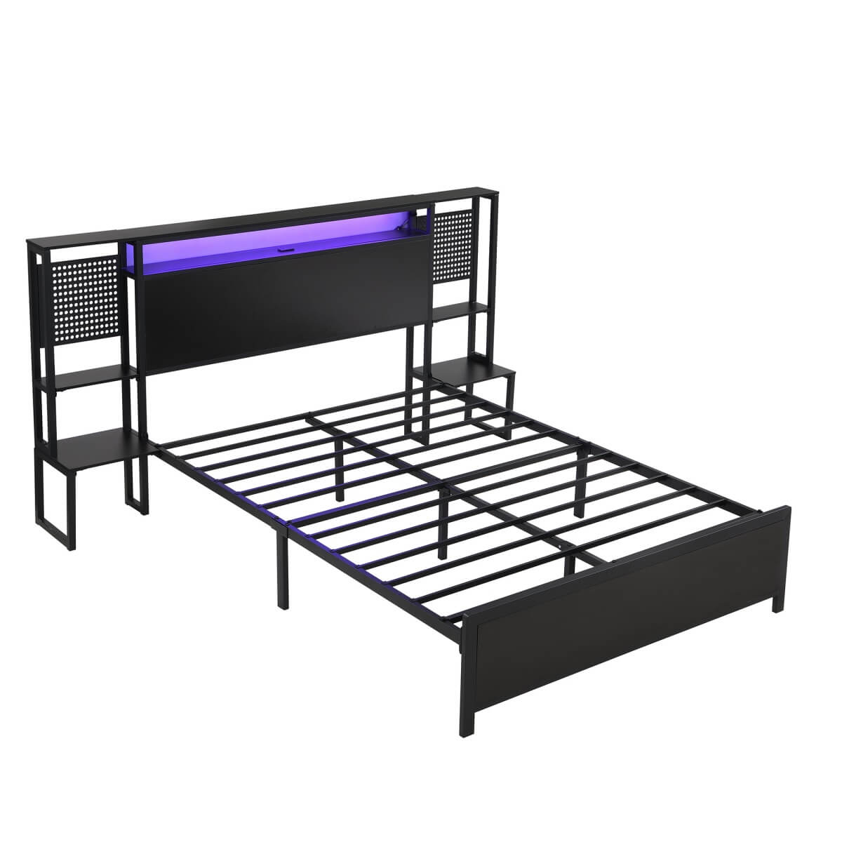 4ft6 Double Metal Bed Frame with LED Lights and Integrated Bedside Table - Black Iron Bed with 2 USB-A Ports and 1 USB-C Charging Port