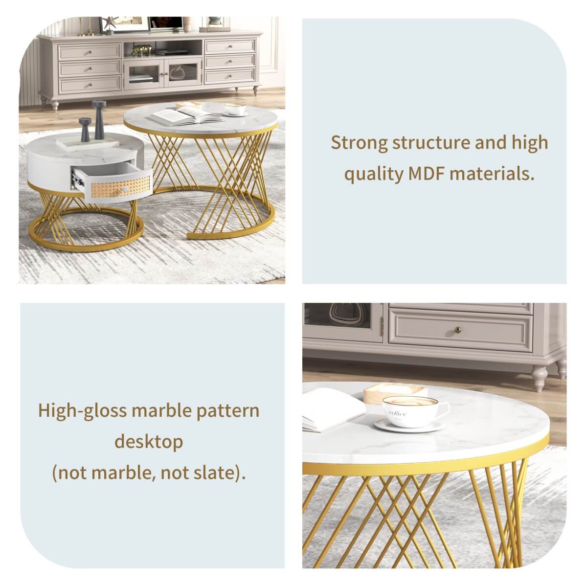 2-in-1 Round Coffee Table – Marble Effect Top, Rattan Drawers, Gold Iron Legs