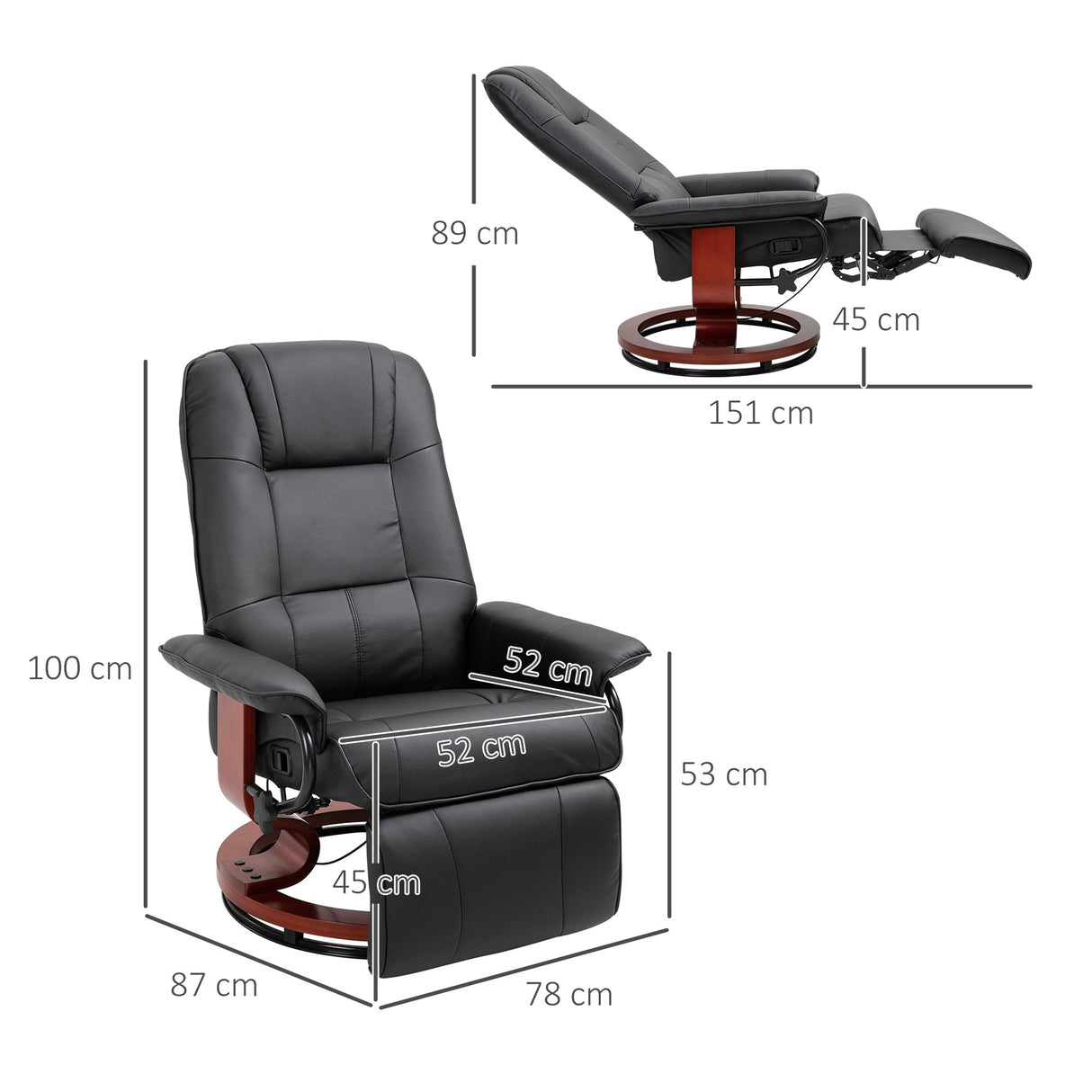Swivel Recliner Chair with Footstool, Manual Recliner Armchair, Faux Leather, Black