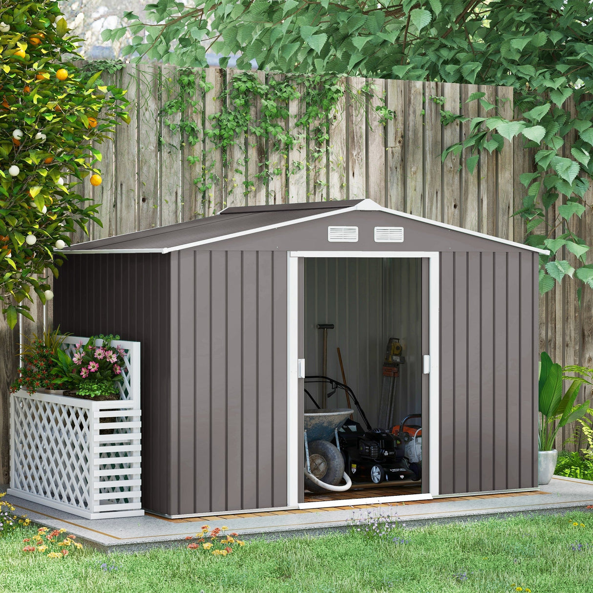 Outdoor Garden Metal Storage Shed Tool Box with Roofed Foundation Ventilation & Doors, Grey