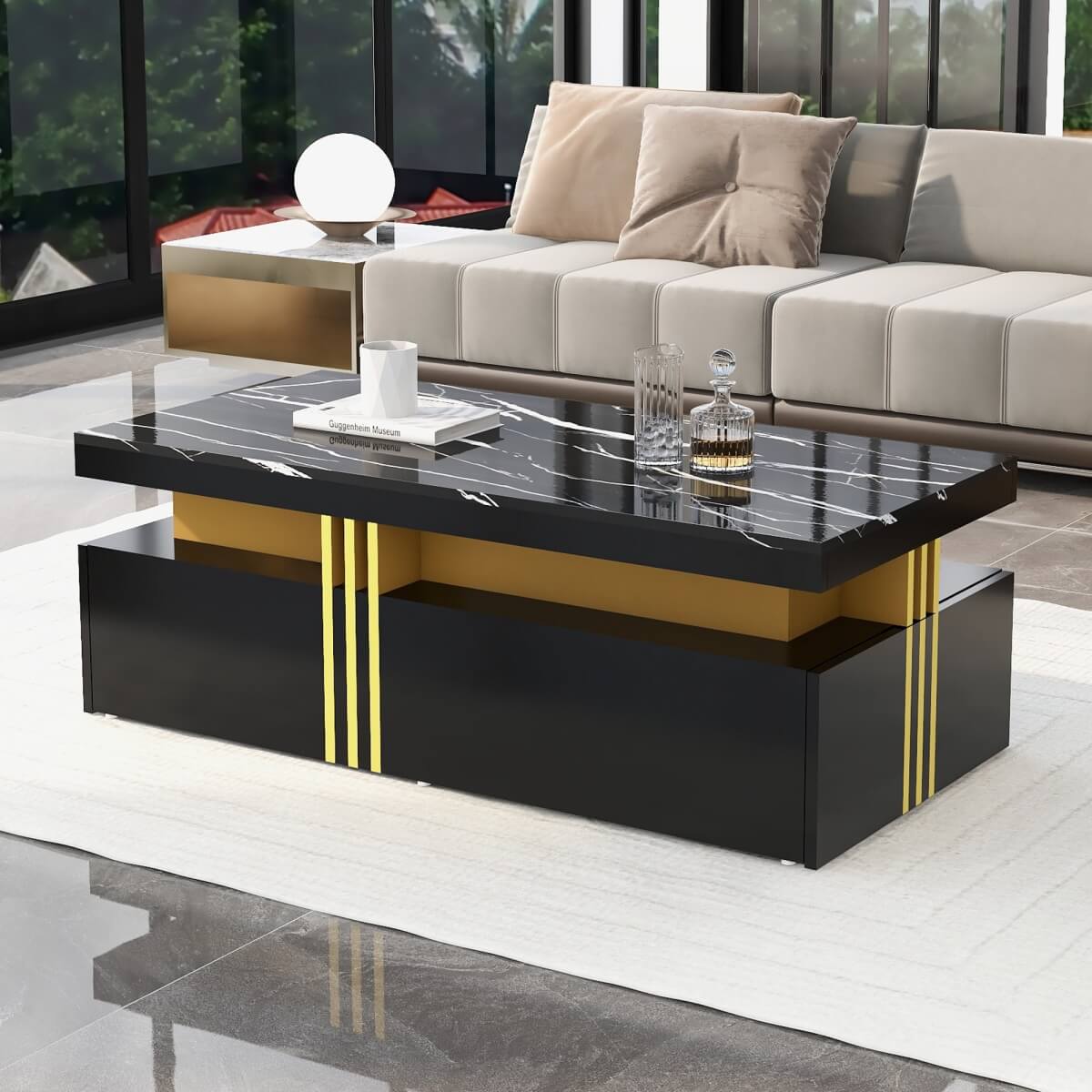 Black Rectangular Coffee Table - Marble Effect Top, 2 Wooden Drawers, 100x50x40cm