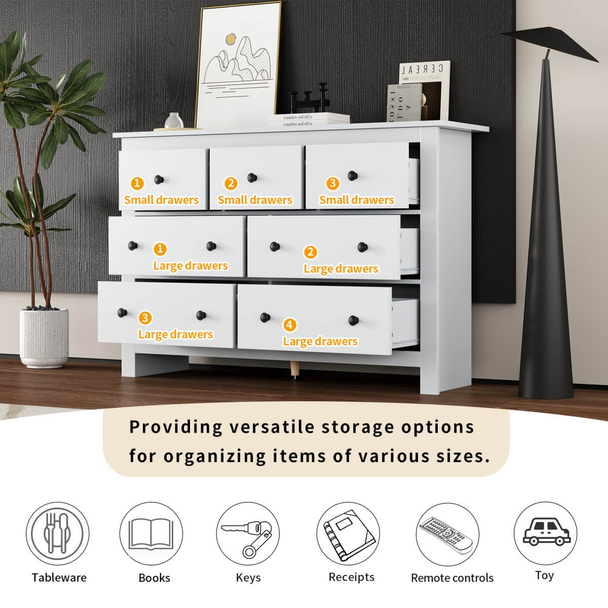 White Sideboard with 7 Drawers - Storage Cabinet for Living Room & Kitchen
