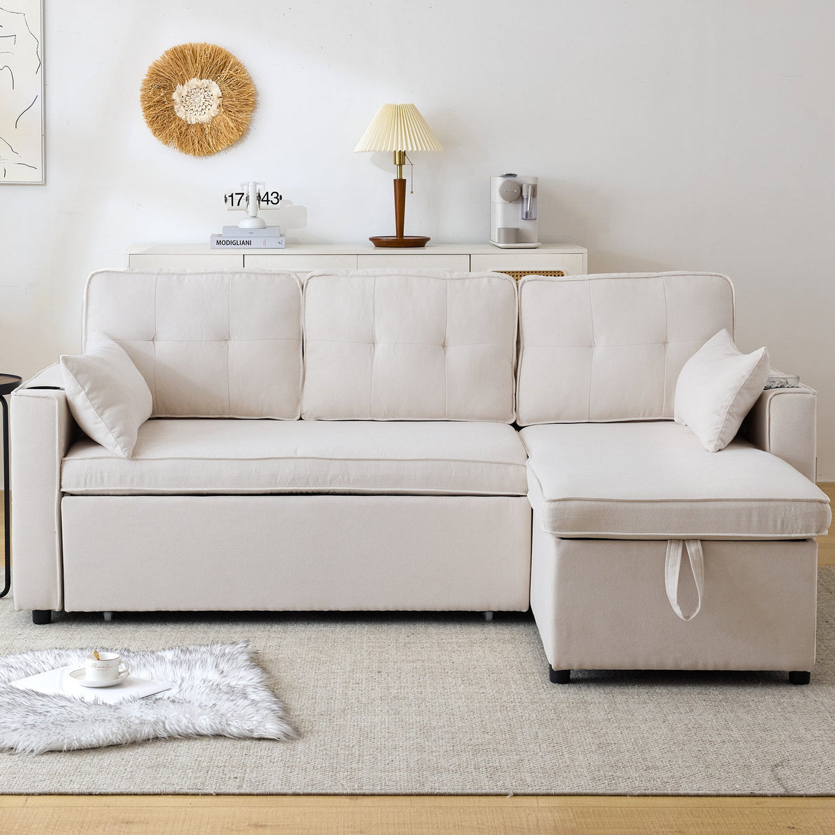 3-in-1 Convertible Sofa Bed with Storage Chaise, L-Shaped Sectional Daybed, Beige