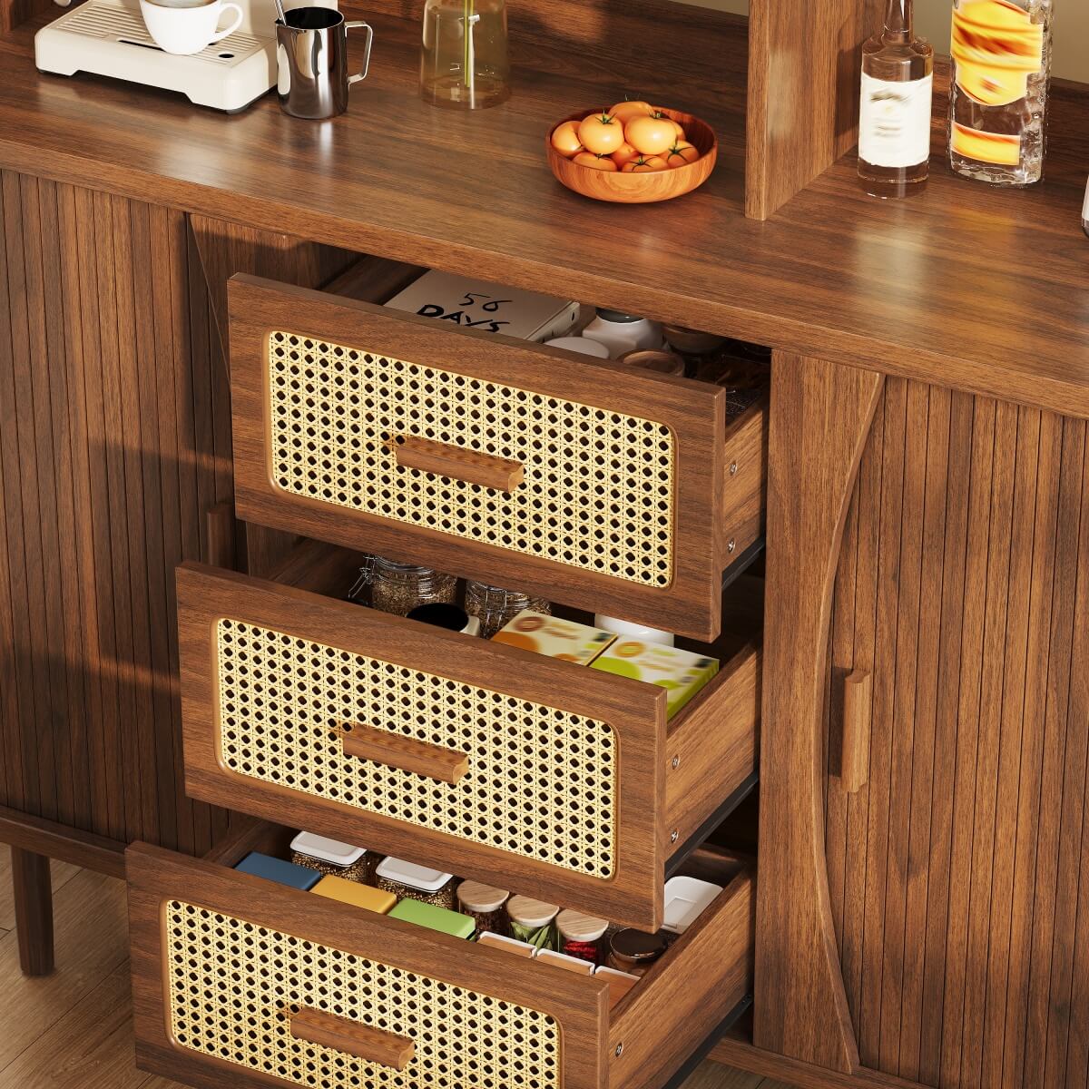 174.5cm Rattan Sideboard - Kitchen Storage Cabinet with Glass Sliding Doors, Natural Oak & Walnut Effect