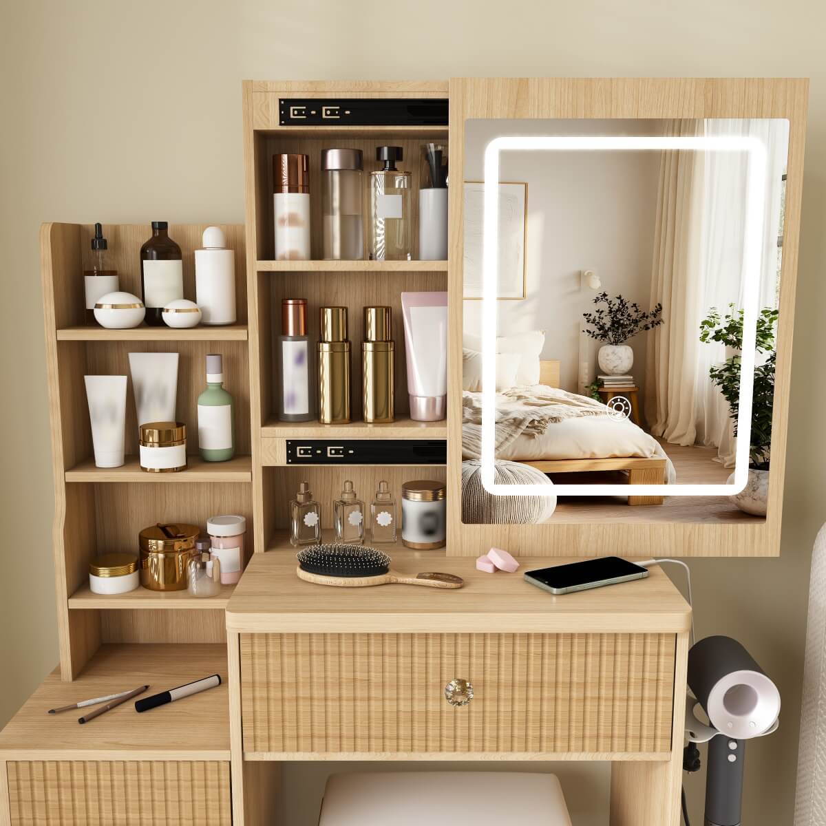 Modern Makeup Vanity Desk - 3-Mode Adjustable LED Lights, 4 Drawers, Open Storage Shelves, Hair Dryer Holder, Power Socket & Dressing Stool, Natural